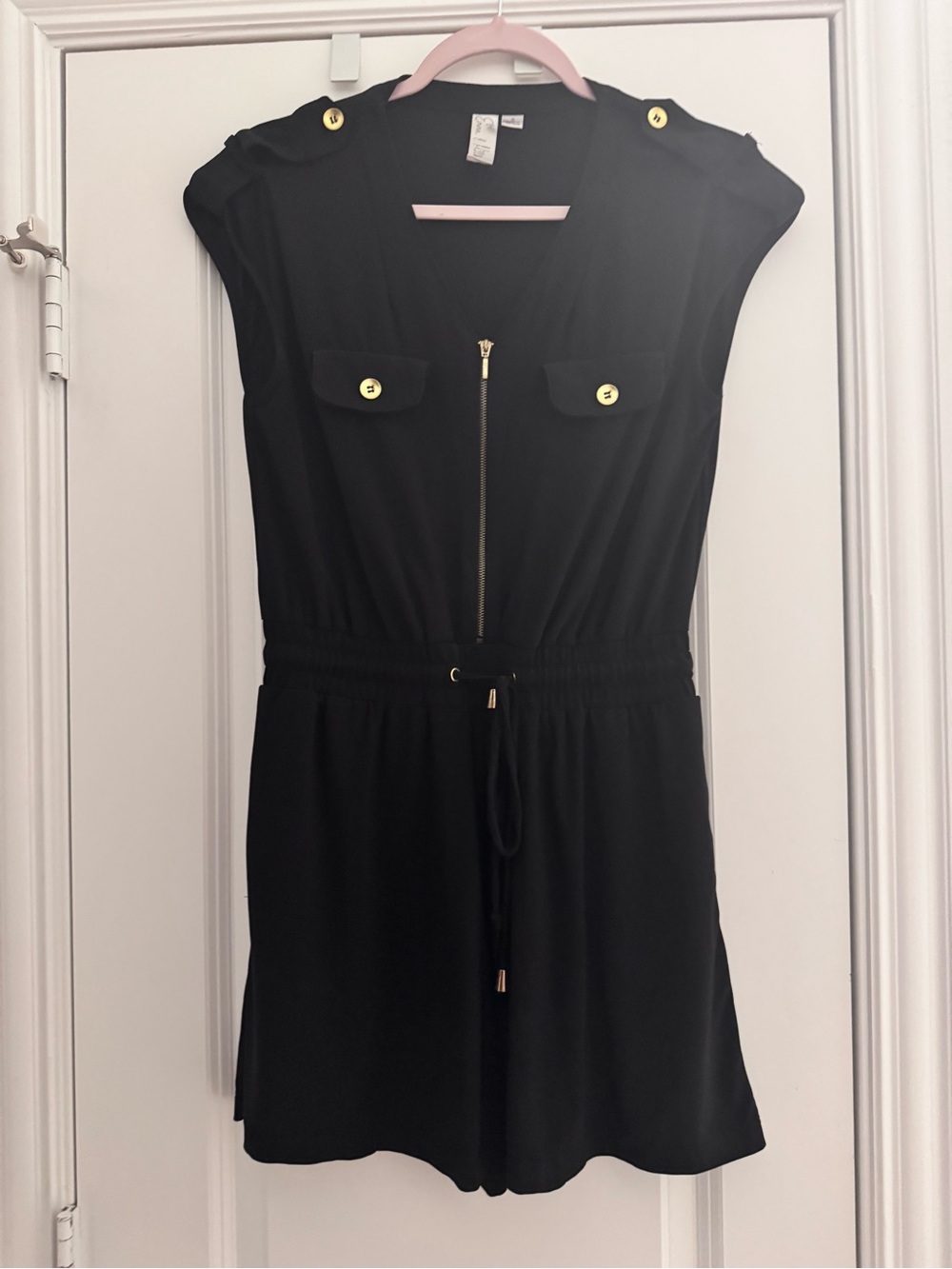 Black Short-Sleeve Zip-Front shorts romper with Gold Accents